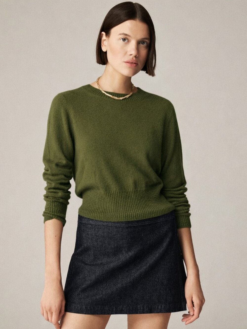 J. CREW 100% Cashmere Shrunken Crewneck Sweater in Utility Green SZ XL